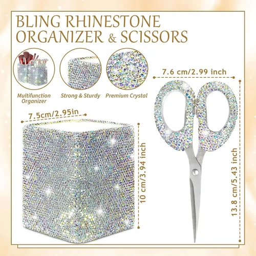 Vista 2 de Qilery 8 accesorios de escritorio brillantes de regalo con 1 soporte para bolígrafo, 6 bolígrafos de diamantes de imitación de cristal, 1 tijeras