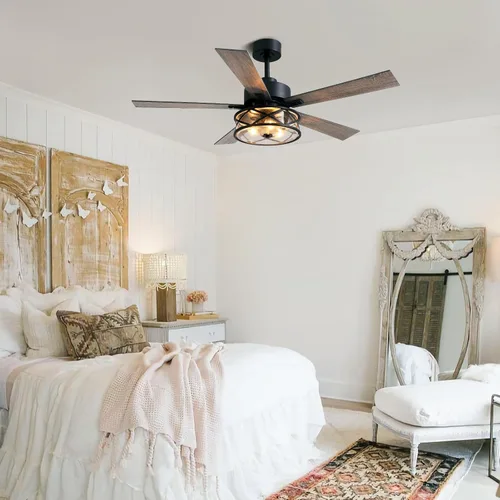 Vista 8 de Ventilador de techo de granja con luces de 52 pulgadas enjaulado Bubble glass shade farmhouse fandelier with walnut blades, quiet DC motor