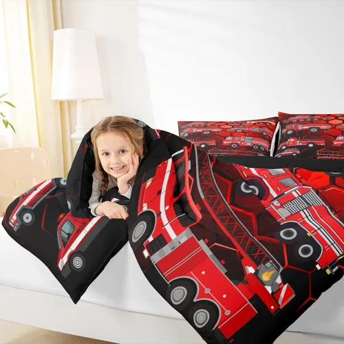 Vista 6 de Erosebridal Juego de edredón de camión de bomberos para niños, juego de ropa de cama de panal rojo brillante con diseño de panal de abeja
