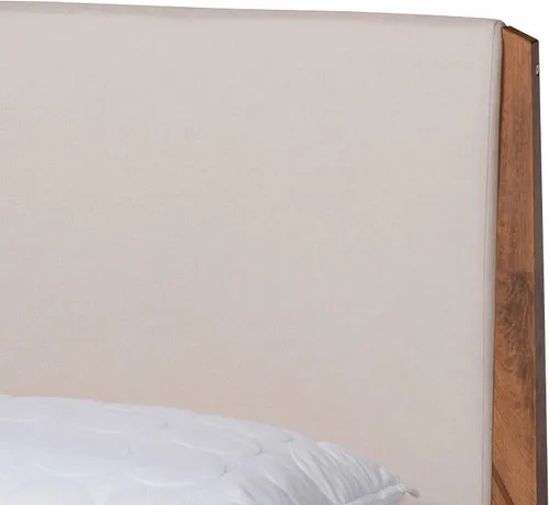 Vista 5 de Baxton Studio Lenora Mid-Century - Cama de plataforma tapizada de tela beige moderna y acabado marrón nogal, tamaño King