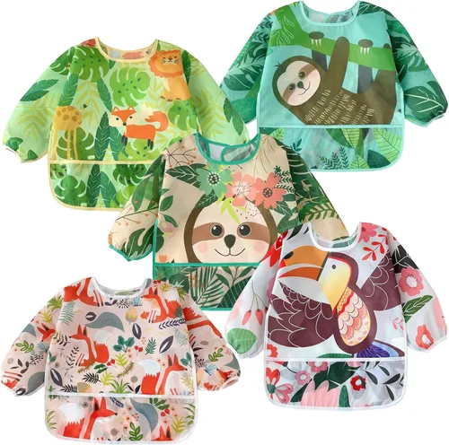 Vista 10 de PandaEar Paquete de 5 baberos de manga larga para bebé, babero impermeable de manga completa para bebés de 6 a 36 meses