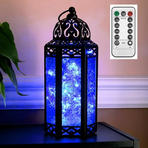 Vista 51 de VELA LANTERNS Juego de 2 portavelas decorativos de LED con luces de hadas de 12" de metal marroquí para colgar o mesa, decoración del hogar