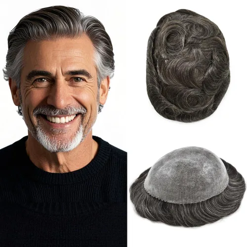 Vista 76 de Toupee para hombres Sistema de reemplazo de cabello humano real para hombres Completo PU Mens Hairpiece de aspecto natural para hombre piezas