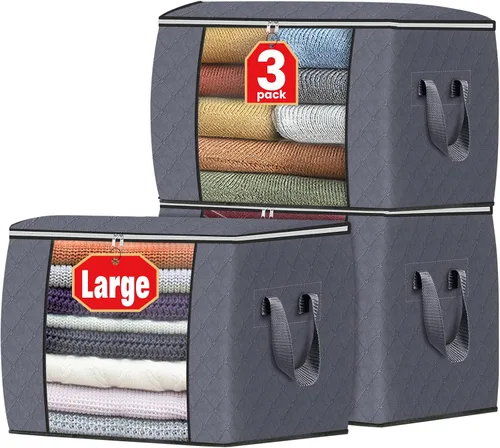 Vista 39 de Fab totes Paquete de 3 bolsas de almacenamiento plegables de tela gruesa, contenedores para organizar dormitorio, armario, ropa, edredón, Beige