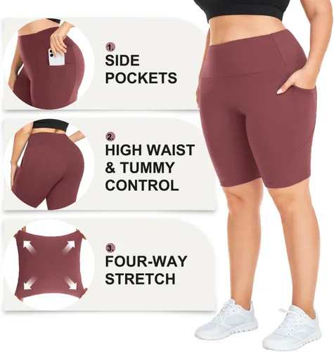 Vista 15 de MOREFEEL Pantalones cortos de ciclismo de talla grande de 8 pulgadas con bolsillos para mujer, cintura alta, control de abdomen, pantalones cortos