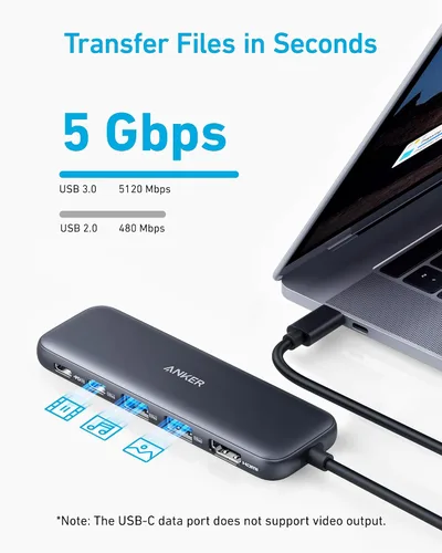 Vista 4 de Anker Hub USB C, divisor USBC a HDMI 5 en 1 con pantalla 4K Negro