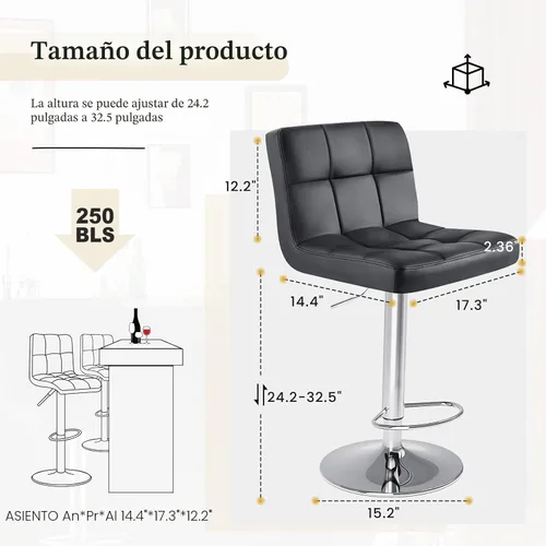 Vista 3 de DUMOS Set of 2 Counter Height Bar Stools, 24 Inch Saddle Bar Chairs