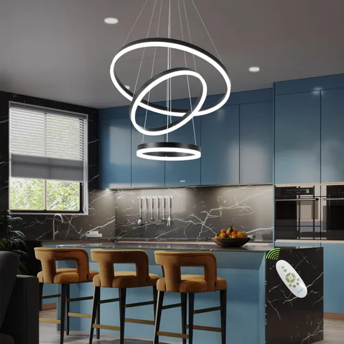 Vista 10 de Lámpara colgante LED plateada, lámpara de araña moderna regulable de 3 anillos con control remoto para comedor de techo alto
