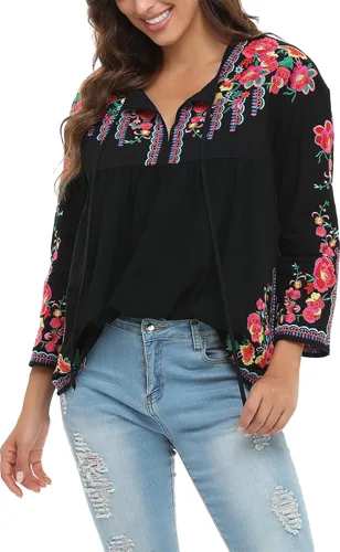 Vista 9 de YZXDORWJ Camisa bordada mexicana para mujer