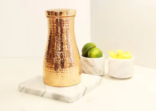 Vista 5 de Jarra y vaso hecho a mano de cobre 100% puro – Jarra de cobre martillado con tapa – Ayurveda – 1.0 litros/34oz