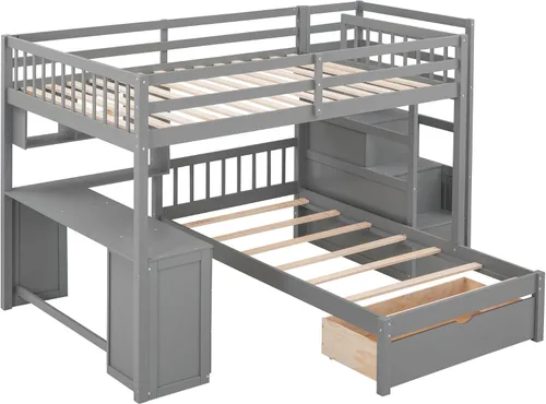 Vista 8 de RUNNA Litera matrimonial sobre individual con escritorio, cajones y escaleras, litera de madera maciza para niños, niñas, adolescentes y adultos