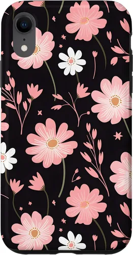 Vista 8 de iPhone 14 elegante flores rosas sobre un fondo negro patrón floral caso