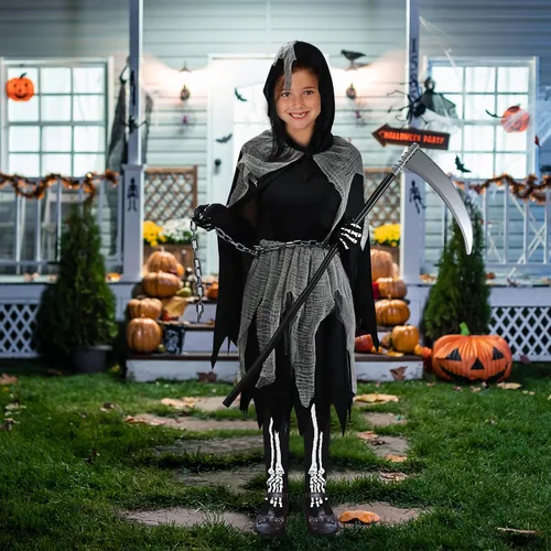 Vista 8 de GOLDGE Scary Girl Grim Reaper Costume Set with Gloves and Tights for Dress Up Party - Perfect for Halloween