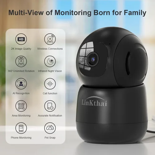 Vista 2 de Cámara de seguridad interior 2K Pet Camera 2.4 GHz Dog Camera Negro 2 Pack App Motion Detection Auto Tracking Alarm Live Notice Schedule Default