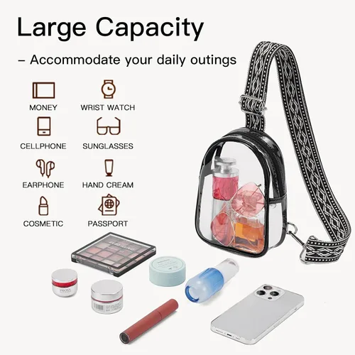 Vista 3 de Telena Bolsa bandolera transparente, cangurera transparente aprobada para estadios, bolsa cruzada para mujer, bolsa de pecho transparente resistente