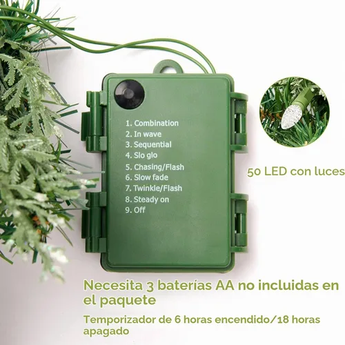 Vista 6 de Guirnalda de Navidad preencendida de 9 pies con bayas y bolas doradas, piña, flor dorada y 50 luces LED blancas suaves que funcionan