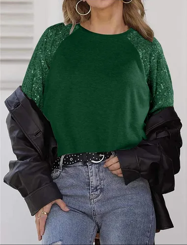 Vista 5 de ALLTB Blusas de manga larga con lentejuelas brillantes para mujer, sudadera con purpurina brillante, para fiesta, cuello redondo, ajuste holgado
