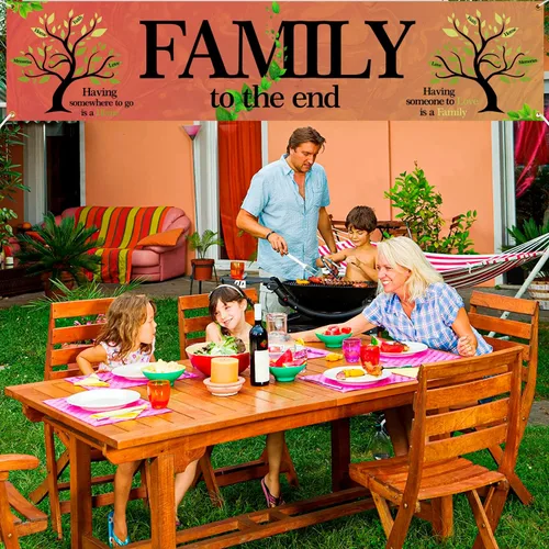 Vista 5 de Pancarta colorida para patio interior y exterior, grande, con texto en inglés "We Are Family", telón de fondo familiar de 70.87 pulgadas de largo x