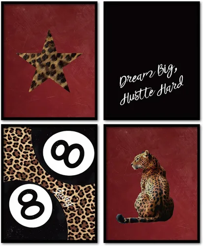 Vista 12 de KDHTY Juego de 4 Impresiones Artísticas de Pared Retro Rojas de Moda, Pósters de Arte de Pared Funky Retro Y2K Leopardo Caja de Cerillas Estrella