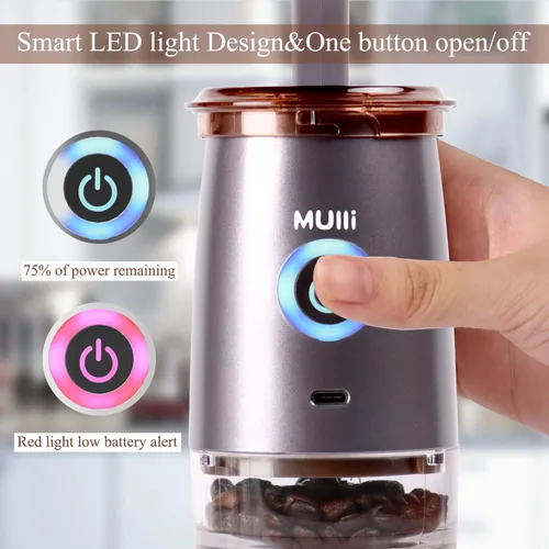 Vista 5 de Mulli Molinillo de café portátil, molinillo eléctrico para café, molinillo de rebabas ajustable con 5 ajustes precisos de molienda para goteo
