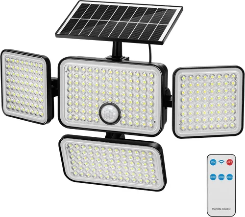 Vista 13 de 1 reflector solar de 3000 lm para exteriores con panel solar mejorado, 4 luces con sensor de movimiento de cabeza, luz de inundación con cable