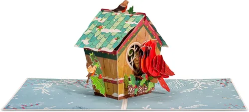 Vista 6 de Frndly by Paper Love Bird House Tarjeta de Navidad Pop Up, Tarjetas de Felicitación Emergentes 3D Hechas a Mano, Para Navidad o Días Festivos, 100%