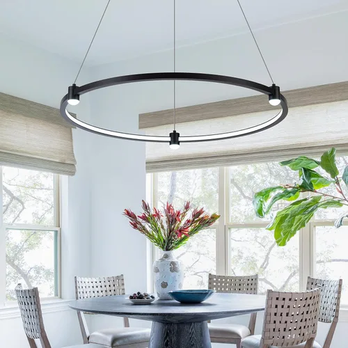 Vista 2 de Lámpara colgante LED moderna regulable de 23.6 pulgadas, color negro, 1 anillo circular, para sala de estar, comedor, cocina, oficina, vestíbulo