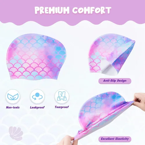 Vista 2 de Paquete de 2 gorros de natación impermeables de silicona para niños y niñas (3-8 años), diseño de sirena de unicornio, gorro de natación para niños