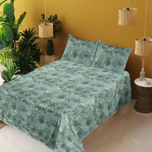 Vista 5 de Ambesonne Juego de sábanas vintage, diseño de curvas de inspiración victoriana, estampado de hojas y flores, sábana bajera y encimera con fundas