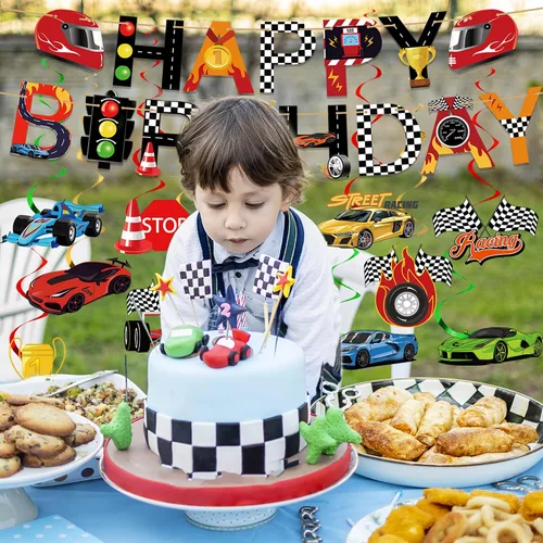 Vista 7 de Decoraciones de fiesta de autos de carreras, carteles de feliz cumpleaños, remolinos colgantes con temática de panal de abejas para autos