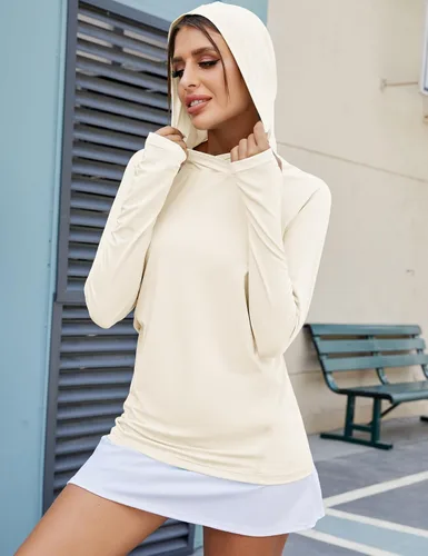 Vista 3 de LUYAA - Sudaderas con capucha para mujer, protección solar UPF 50+, transpirables, elásticas, para senderismo, manga larga, para correr Beige