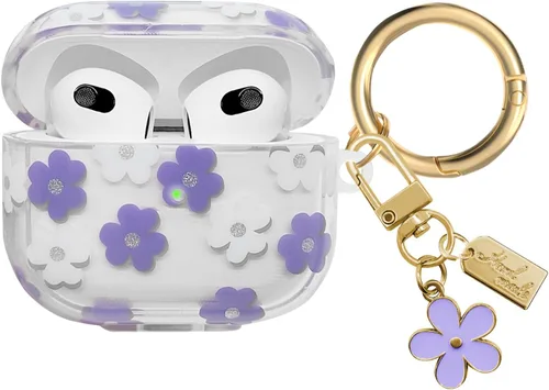 Vista 12 de Funda compatible con AirPods 3 2021, TPU suave con bonito patrón de flores para AirPods de 3ª generación con llavero de flores y mosquetón para Negro