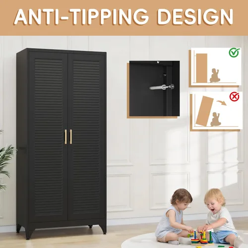 Vista 8 de SteeLoong Armario de metal de 71 pulgadas con barra para colgar, armario con puertas y estantes ajustables, armarios de almacenamiento de ropa negra