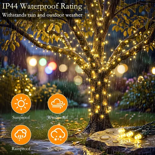 Vista 4 de Guirnalda de 200 luces LED de color blanco cálido de 66 pies, cable verde oscuro, 8 modos de temporizador, IP44, impermeable, para interiores