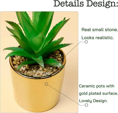 Vista 10 de Plantas artificiales suculentas de imitación de 7 y 5 pulgadas en macetas para decoración del hogar, juego de 2 macetas doradas
