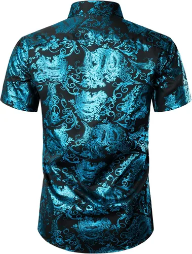Vista 2 de ZEROYAA Camisa de vestir de manga corta con botones y estampado de cachemira brillante para hombre