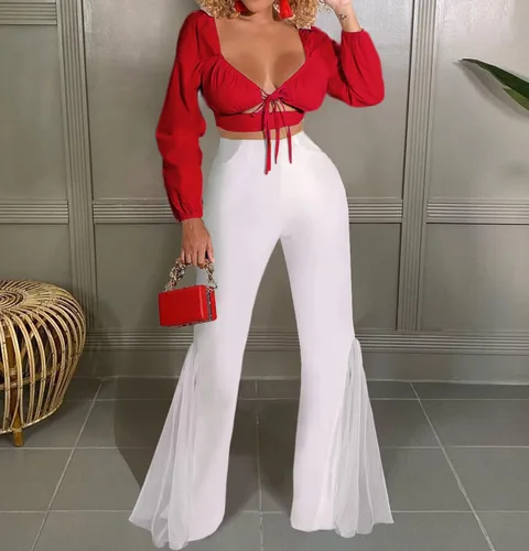 Vista 3 de Choichic Pantalones acampanados para mujer, con malla transparente, cintura elástica, pierna ancha, cintura alta, pantalones largos acampanados