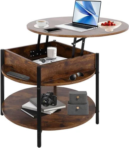 Vista 8 de FAHKNS Mesa auxiliar redonda con parte superior elevable con almacenamiento y compartimento oculto, mesa circular de dos niveles de 26.77 pulgadas