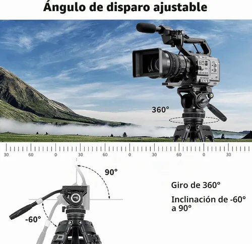 Vista 2 de Cayer Cabezal fluido de video K10 Pro con base plana de 2.953 in, arrastre panorámico ajustable y mango telescópico, cabezal fluido de trípode