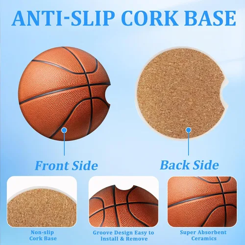 Vista 3 de Posavasos para automóvil, juego de 2 posavasos de baloncesto para portavasos absorbentes, inserto antideslizante universal, portavasos de cerámica