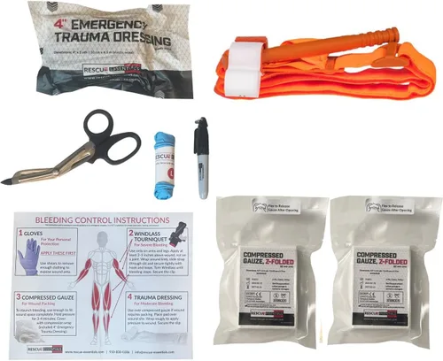 Vista 3 de Rescue Essentials Kit básico Stop THE Bleed – Kit compacto de primeros auxilios para trauma con torniquete, gasa y vendaje de compresión – Kit rojo