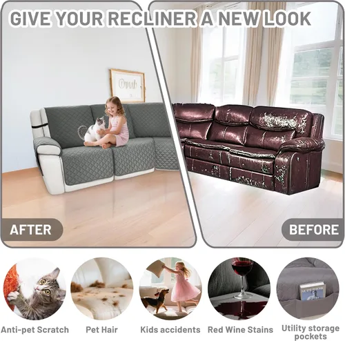 Vista 6 de Fundas impermeables para sofá seccional reclinable, fundas para sofá seccional reclinable en forma de L, 7 piezas, antideslizantes, lavables, juego