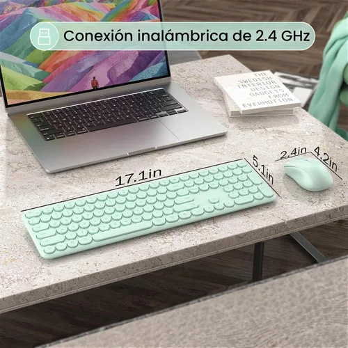 Vista 6 de Combo de teclado y mouse inalámbricos, 110 teclas silenciosas redondas, mouse óptico ajustable, 1 receptor USB, interruptor de alimentación