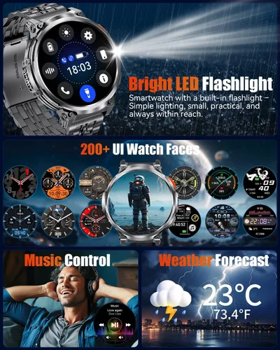 Vista 8 de Relojes inteligentes militares para hombres con llamada Bluetooth, pantalla HD de 1.85 pulgadas, reloj inteligente impermeable con linterna, 114