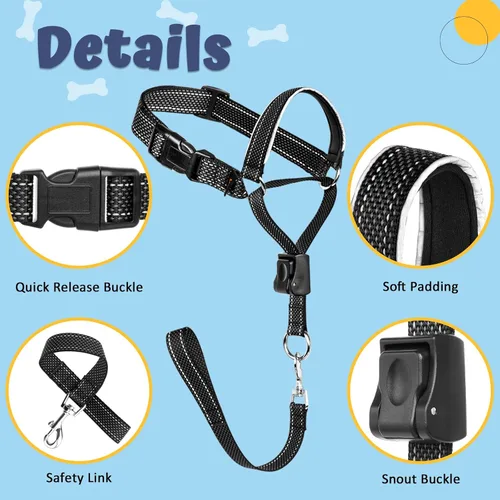 Vista 7 de BARKLESS Collar de cabeza de perro, suave sin tirones, correa reflectante para bozal con enlace de seguridad, collar ajustable para la cabeza