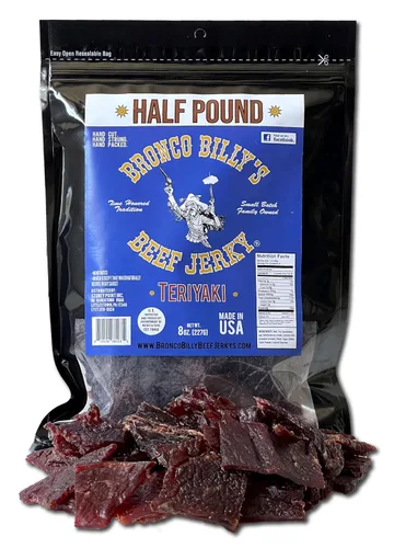 Vista 24 de Bolsa resellable de media libra de carne de res con sabor a bourbon Bronco Billy's Beef Jerky