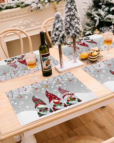 Vista 5 de Juego de 1 mantel individual gris de Navidad, manteles individuales de enanos de invierno y cardenales antideslizantes, manteles individuales