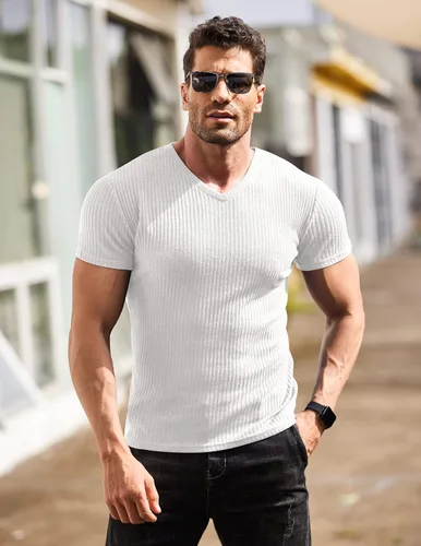 Vista 2 de COOFANDY Camisetas musculares elásticas de manga corta con cuello en V para hombre