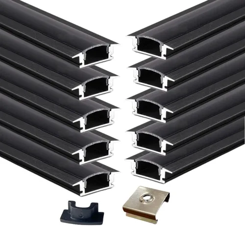 Vista 10 de Paquete de 6 canales de aluminio LED en forma de U de 3.3 pies con cubierta negra, tapas de extremo y clips de montaje, perfil de aluminio