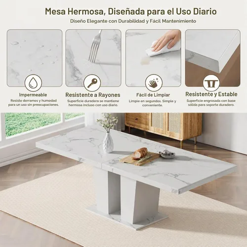 Vista 5 de HomVent - Juego de mesa de comedor extensible de mármol sintético blanco para 4 63"-79" Extendable Dining Room Table Set with 4 Velvet Chairs
